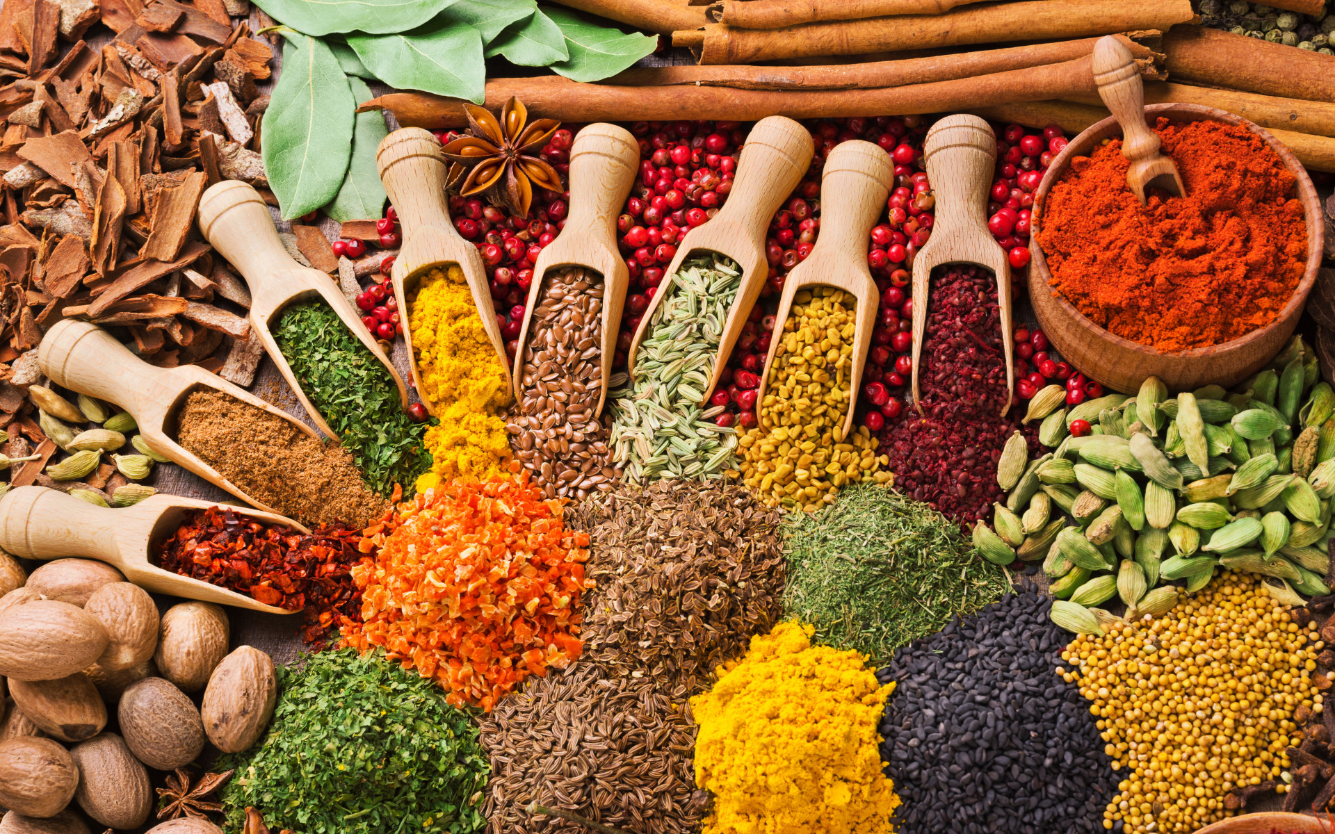 Assorted spices, Wooden scoops, Cardamom, Star anise, Colorful, 1920x1200, PC wallpaper