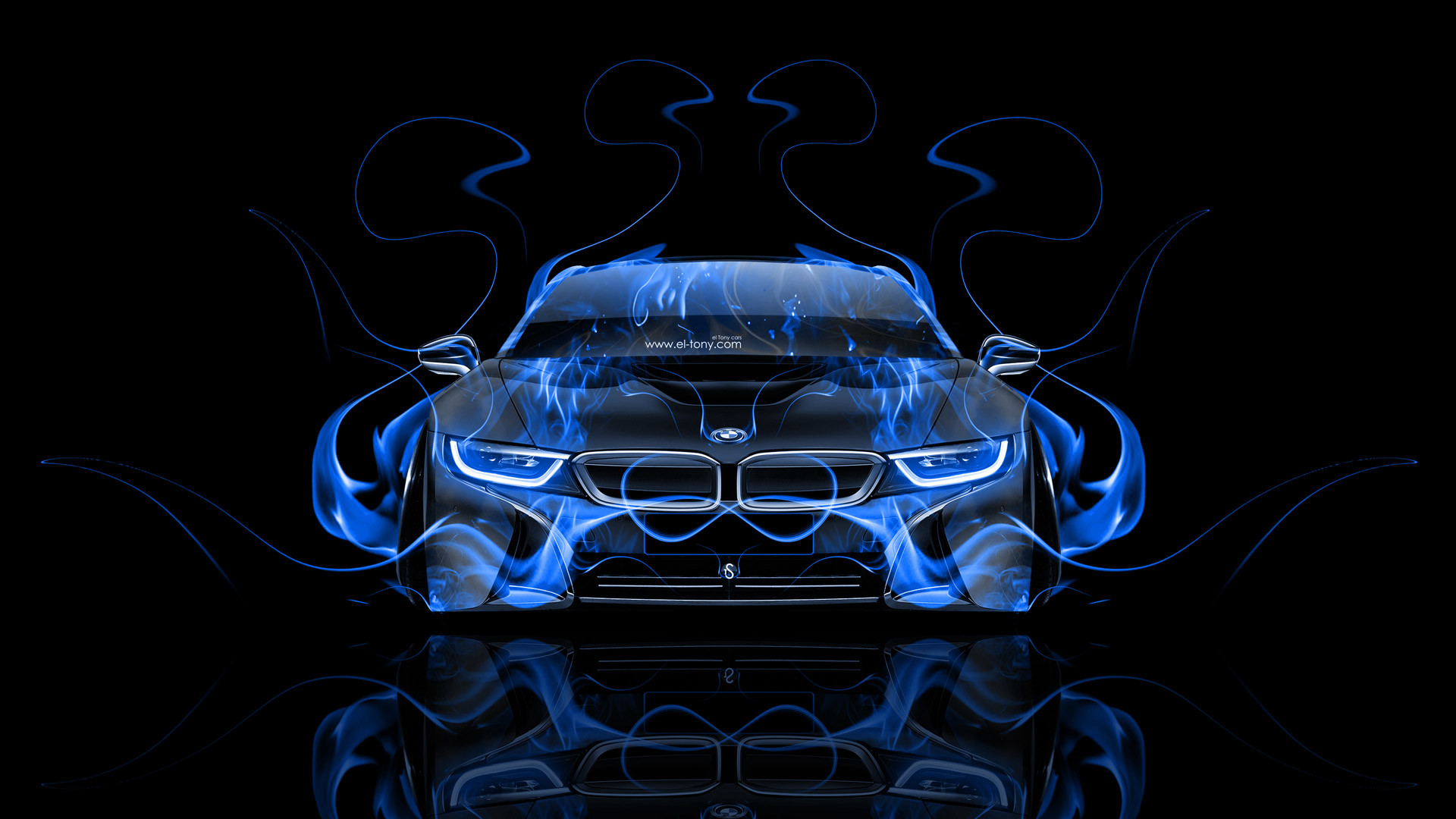 BMW i8, Blue fire, Digital art, Black background, 16:9 Full HD, widescreen wallpaper
