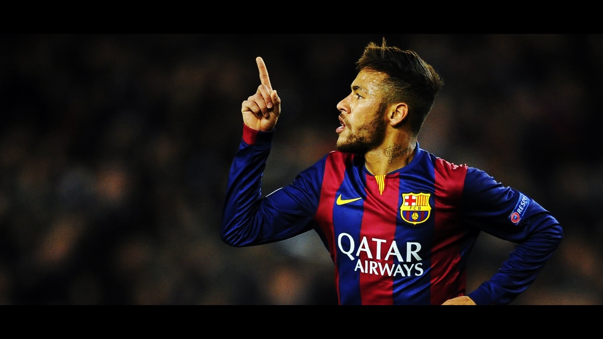 Neymar Jr, FC Barcelona, Pointing up, Dark, 16:9 Full HD, widescreen wallpaper
