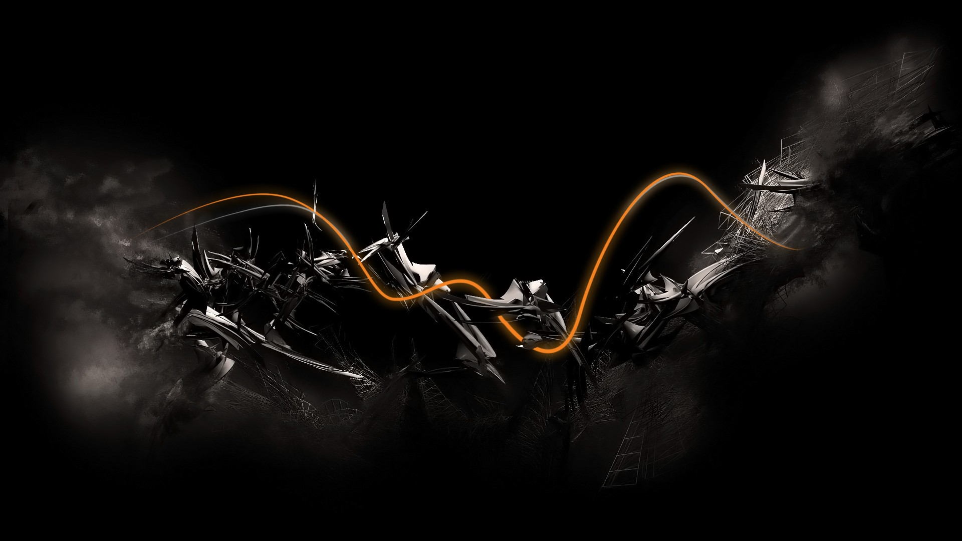 Abstract shapes, Orange swirl, Black background, Smoke, Full HD, desktop wallpaper