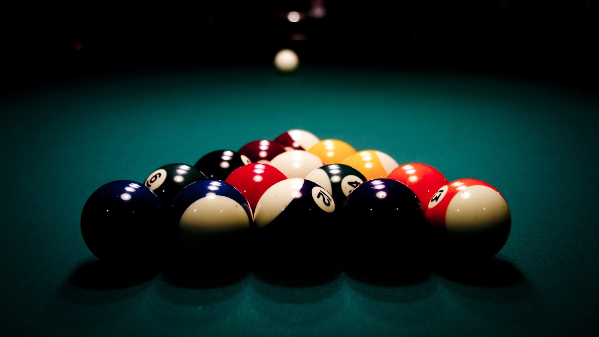 Billiard balls, Pool table, Rack, Green felt, Full HD, desktop background