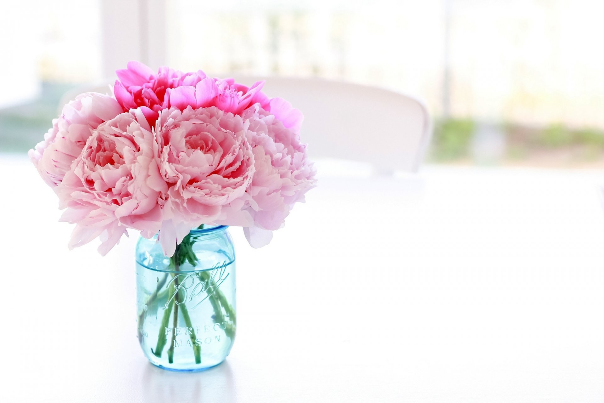 Pink peonies, Bouquet, Glass jar, Bright interior, Full HD, desktop wallpaper