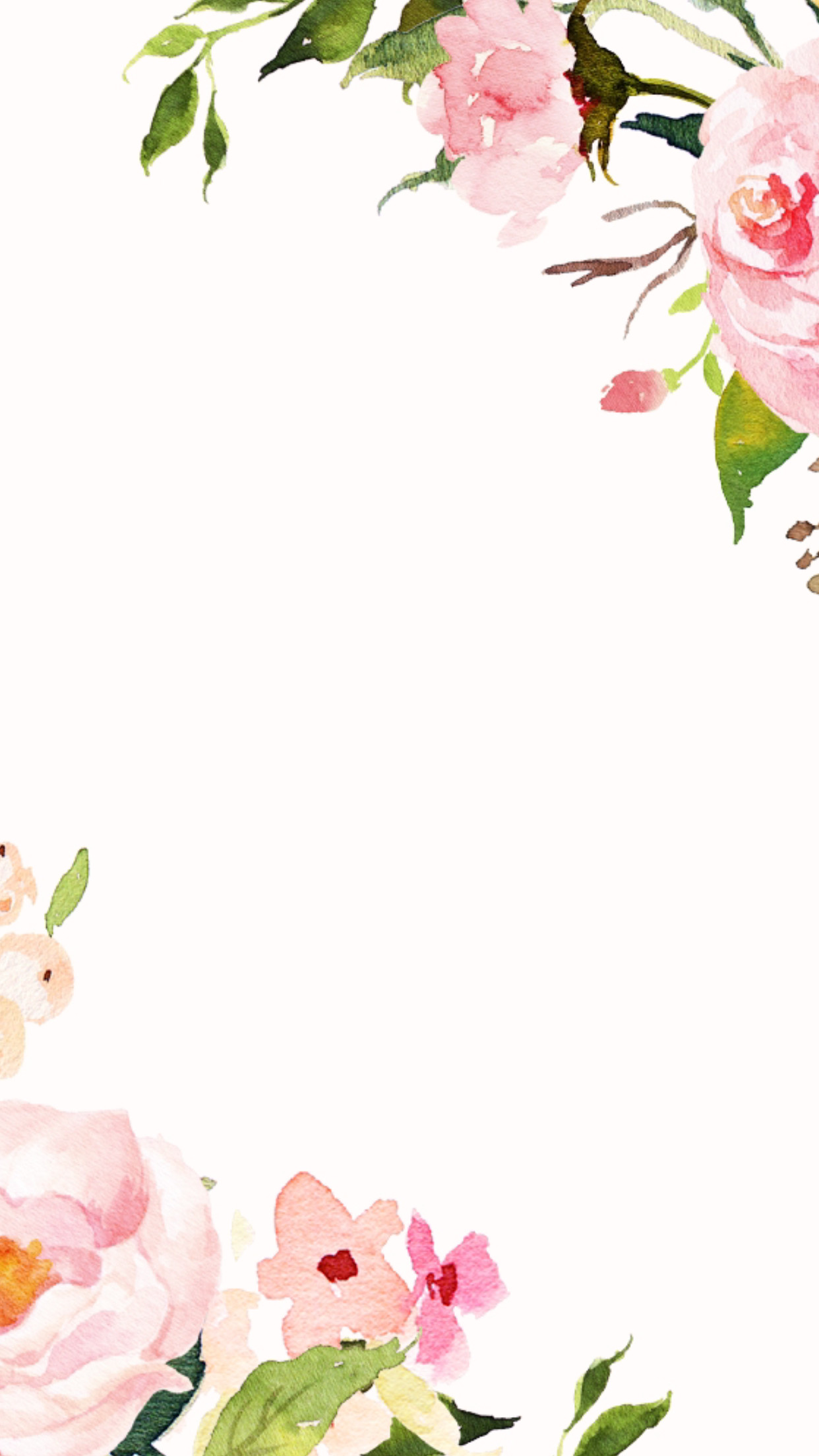 Floral frame, Pink flowers, White background, Watercolour, Invitation, iPhone lock screen