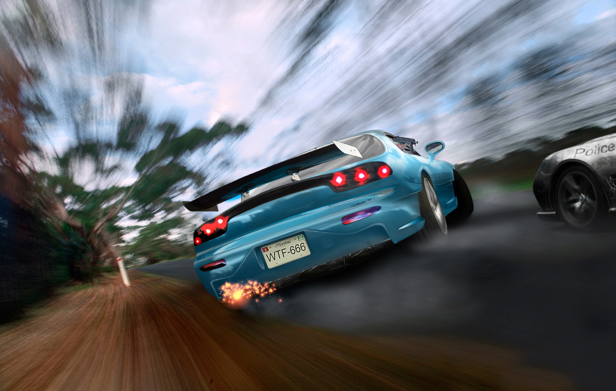 Mazda RX-7 (FD), Mazda RX-7, Drifting, Police chase, Motion blur, Rear view, PC wallpaper