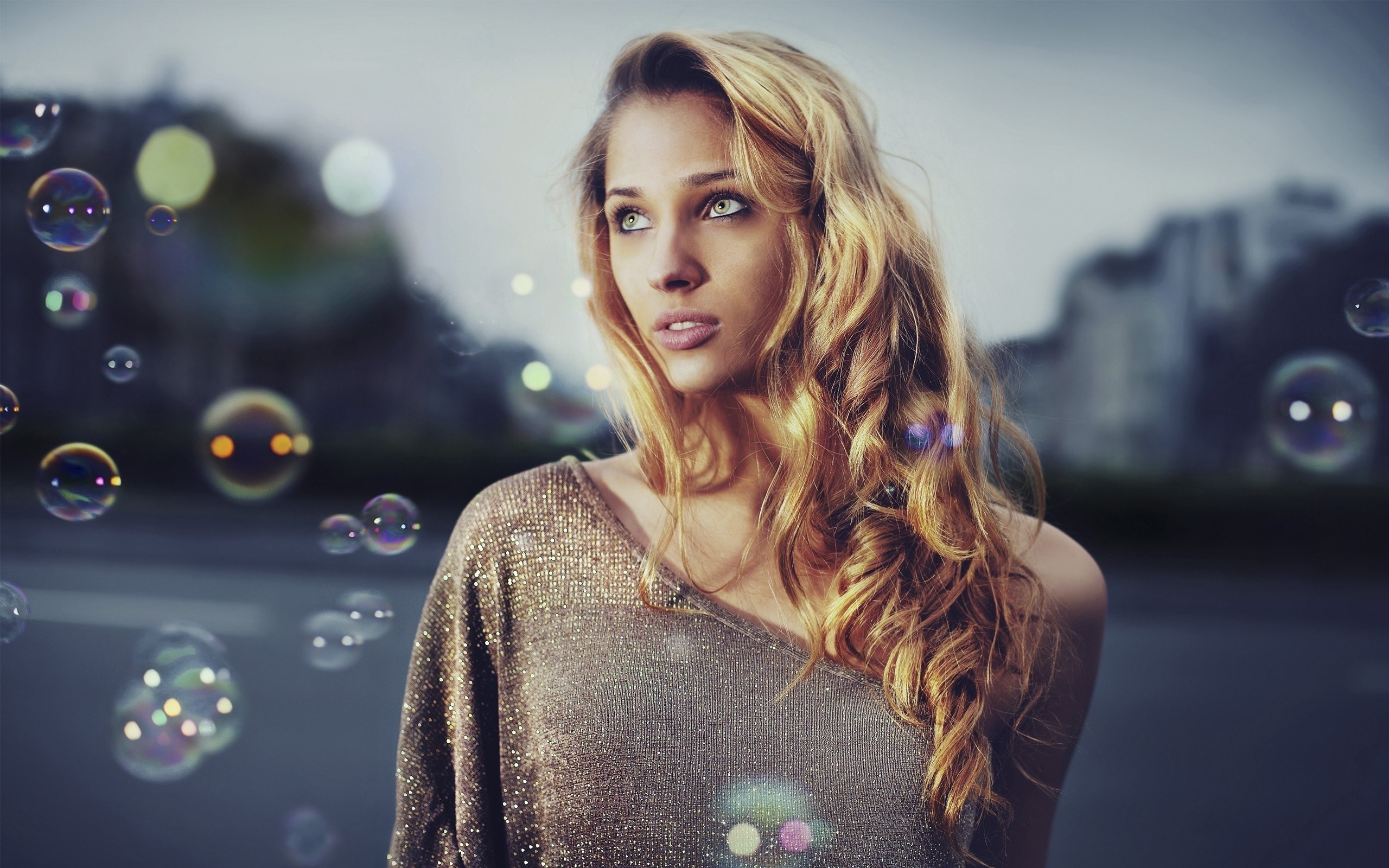 Blonde, Soap bubbles, Wavy hair, Bokeh, 2K, wallpaper for PC