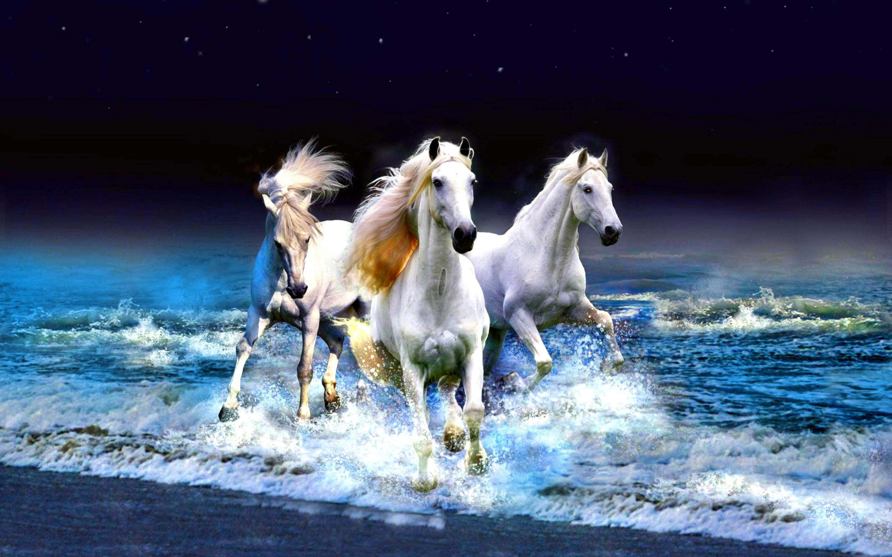 Horses, White horses, Ocean waves, Running, Sea spray, Fantasy, 3072x1920, MacBook Pro wallpaper