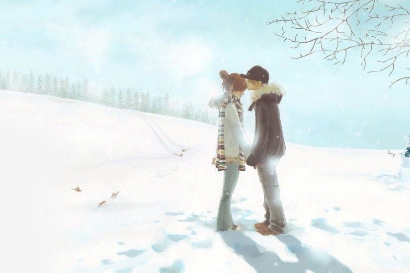 Snow Cute Couple Anime HD Free Wallpaper