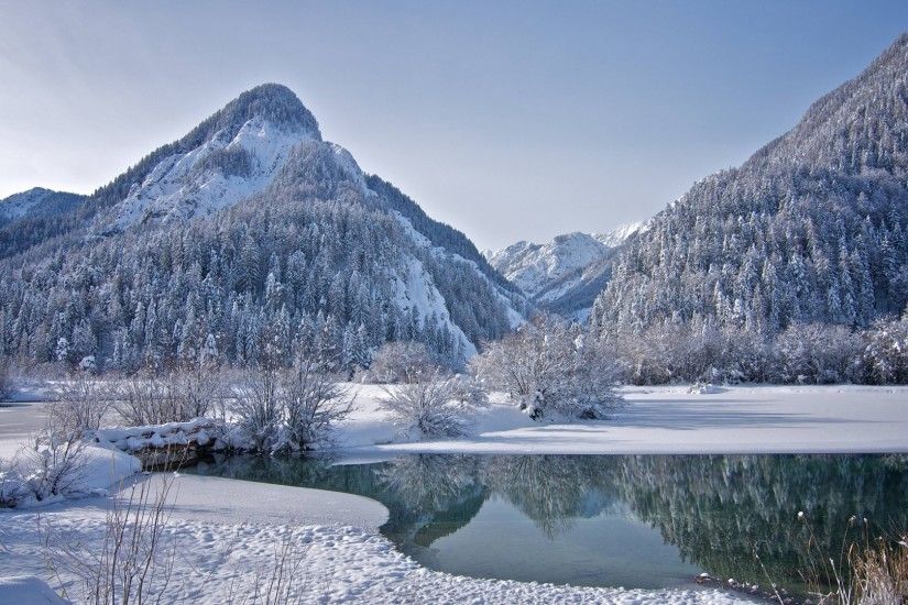 1920x1080 Wallpaper mountains, trees, frozen lake, winter landscape
