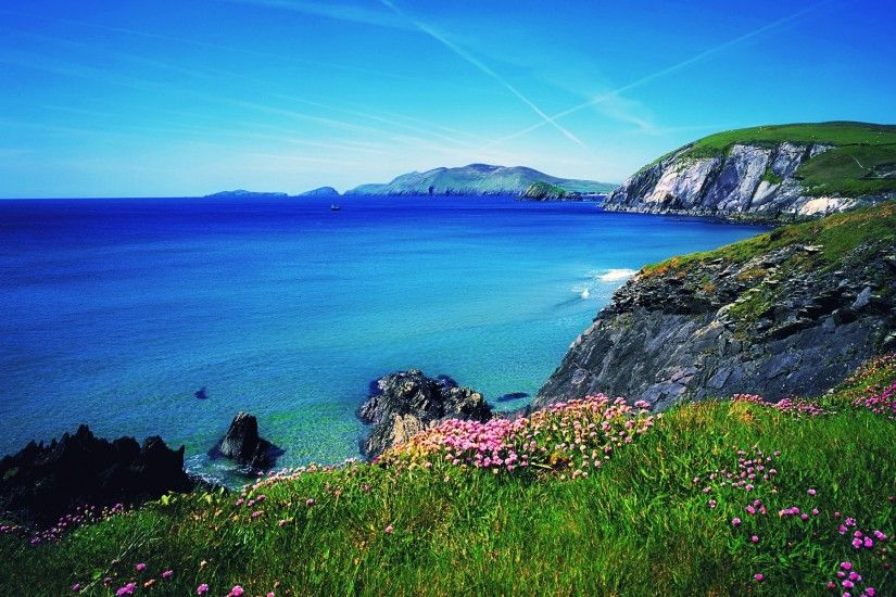 Scenery Ireland Grass Ocean Waves Horizons Coast Sea Rocks Flowers Blue Sky  Nice Water Summer Nature Beautiful Lovely Pretty Beach View Free Wallpapers  - ...