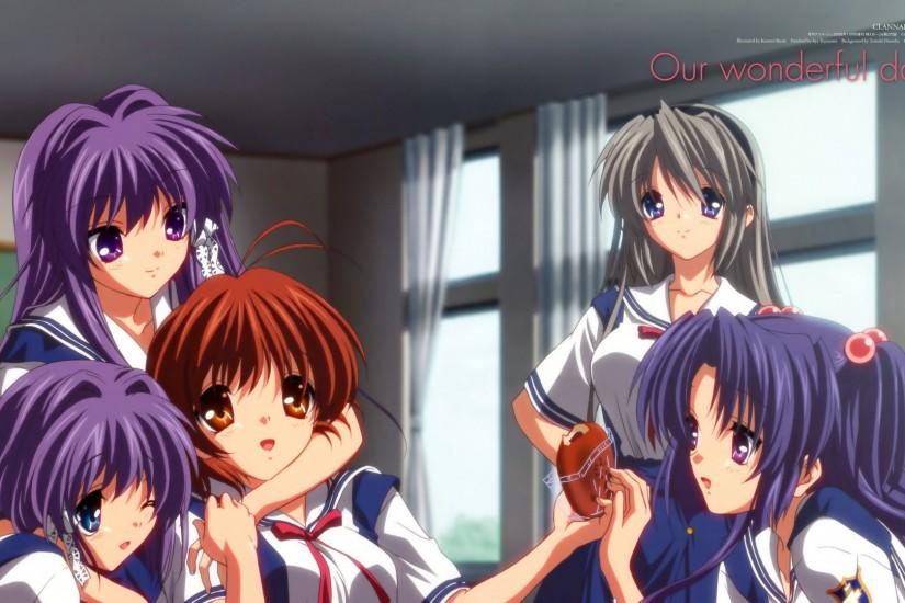 Preview wallpaper clannad, girls, table, food, hugs 1920x1080