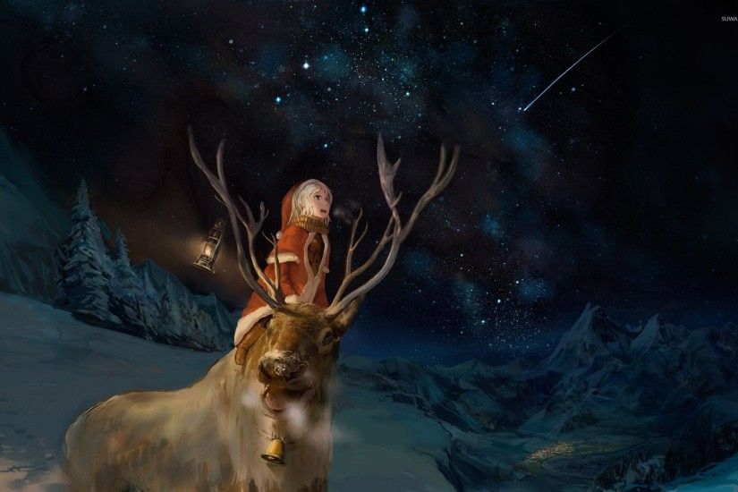 Santa girl and a reindeer watching the night sky wallpaper