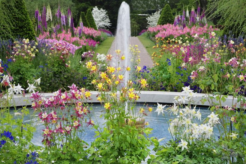 Flower Garden Fountain HD Desktop Background