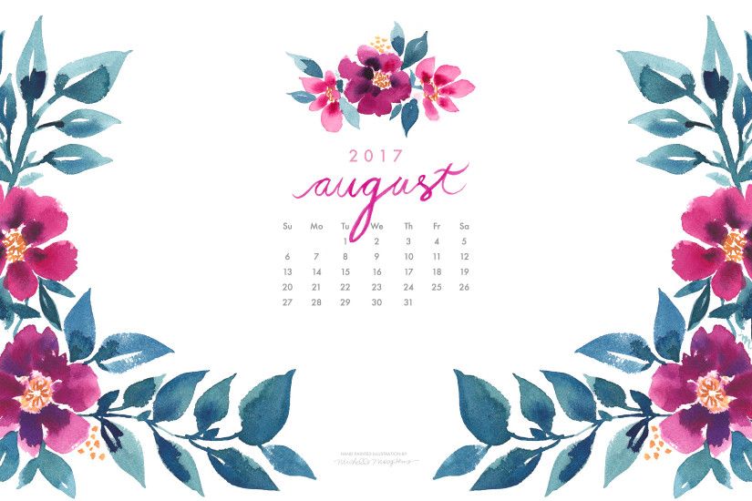 Pretty posy watercolor August 2017 calendar wallpaper for your computer.  100% original art by