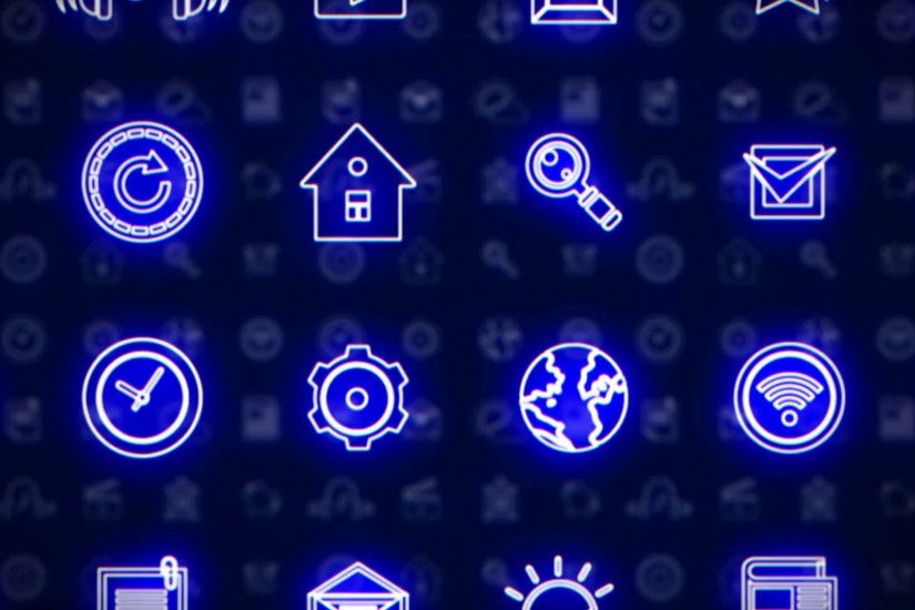 Business splash screen background of moving away mobile applications  glowing blue neon with social media network technology cloud icons  available in 4k UHD ...