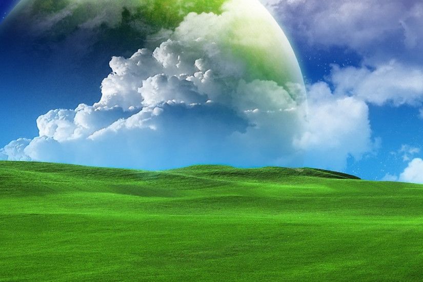 Preview wallpaper grass, green, sky blue, clouds, summer 2048x2048