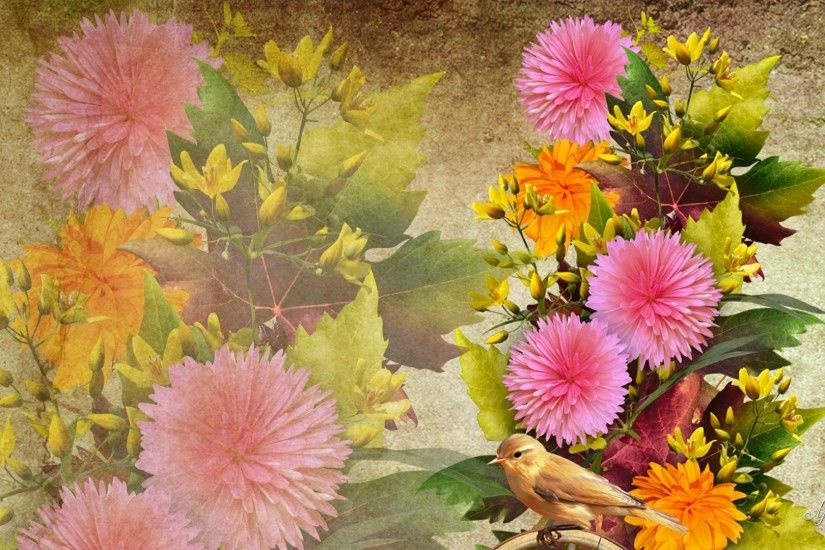 Floral Bird Flowers Fall Vintate Vintage Autumn Dahlias Flower Wallpaper  2016