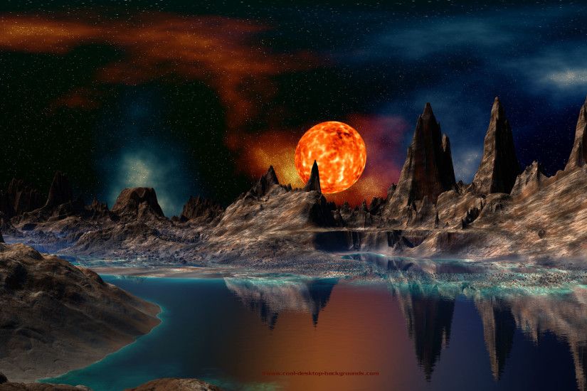 Space background of a red giant sun setting over a rocky alien planet.  Scifi space background for use as your computer's desktop wallpaper.