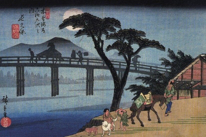trees moon japanese bridges horses artwork ukiyoe hiroshige 3097x1973  wallpaper Art HD Wallpaper