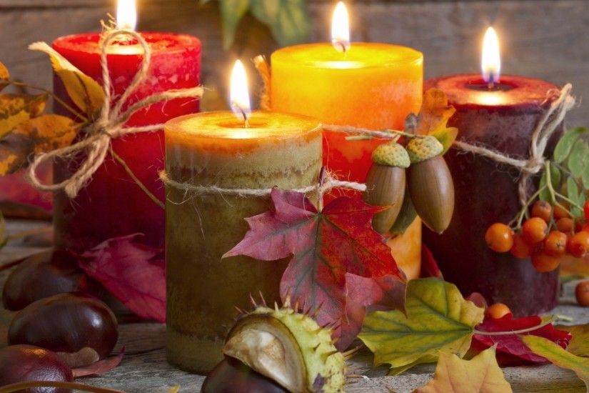 autumn leaves candles still life HD wallpaper