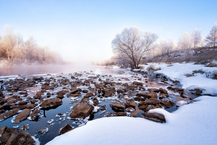 Winter Landscape Snow Covered River Morning Scenery Pictures