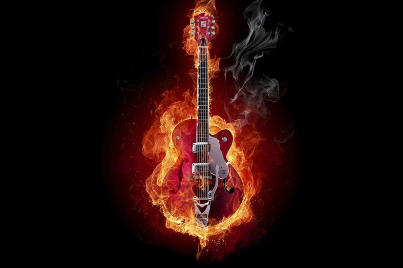 Preview wallpaper guitar, fire, instrument, smoke, background 3840x2160