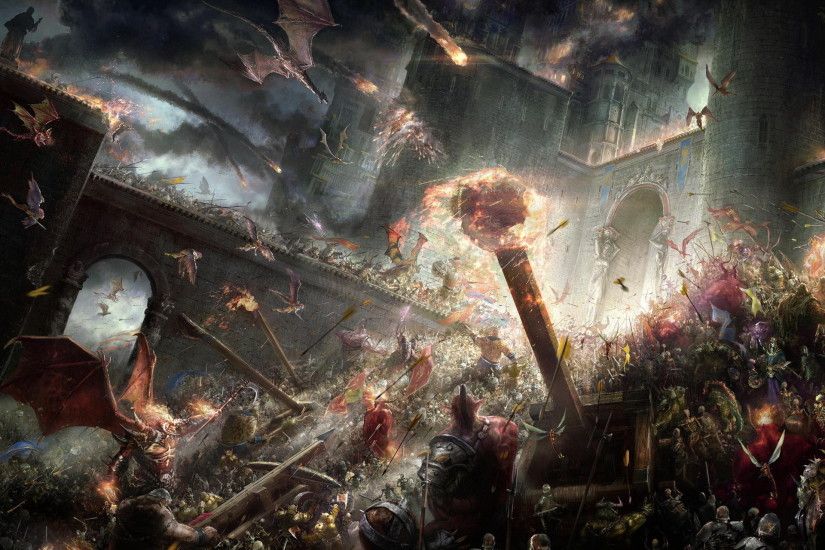 Fantasy - Battle Dragon Warrior Weapon Castle Fire Wallpaper