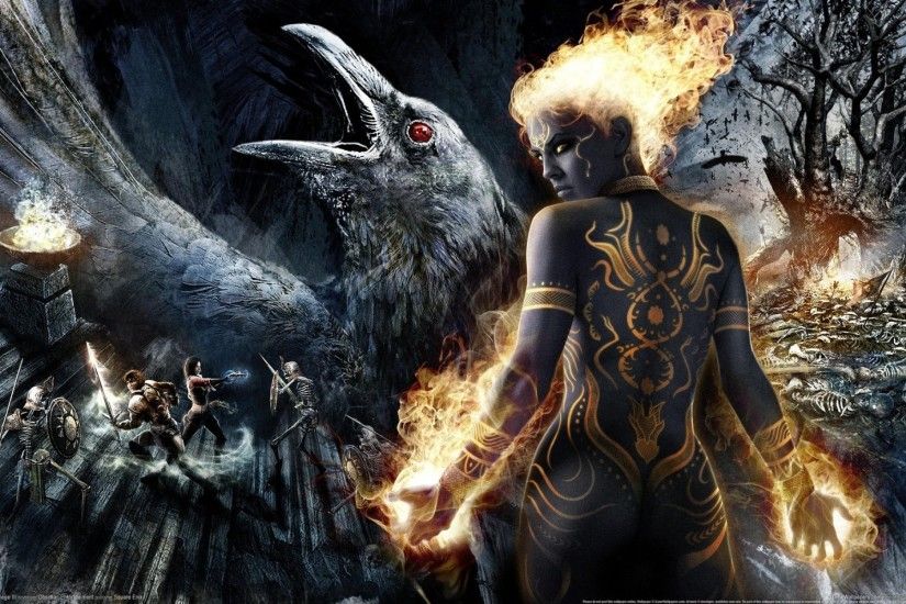 dungeon siege 3 game wallpapers girl tattoo raven warriors skeletons swords  darkness fire magic dungeon siege