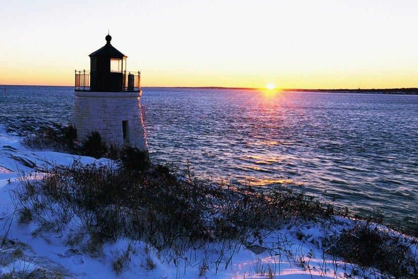 Lighthouses - Glorious Lighthouse Sunset Winter Snow Sea 1080p Wallpaper  for HD 16:9 High