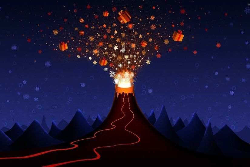 Volcano erupting with gifts wallpaper