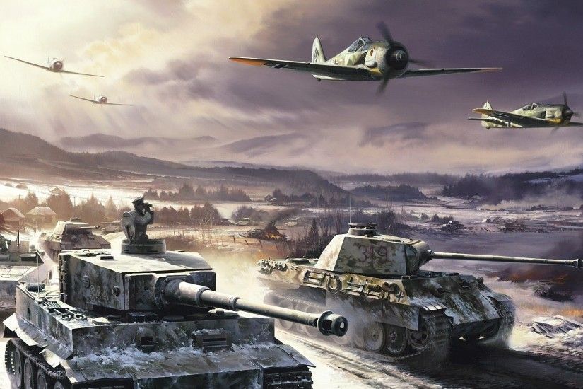 Poster of Tiger, Panther, Sd.Kfz and Luftwaffe fighters going into battle.