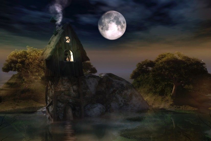 Smoke Moon Fantasy Art Huts Nighttime Water Body Wallpaper At Fantasy  Wallpapers