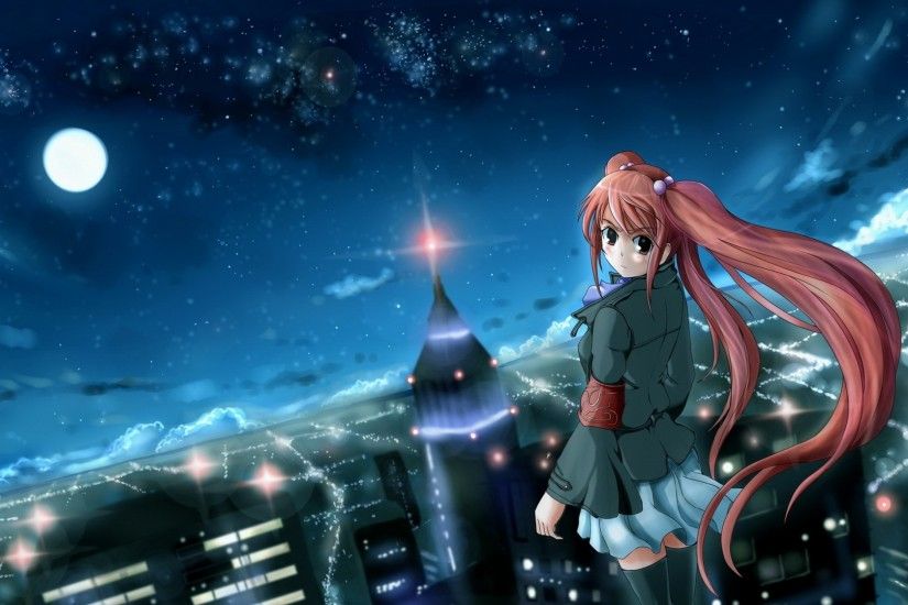 1920x1080 Wallpaper anime, girl, city, night, wind