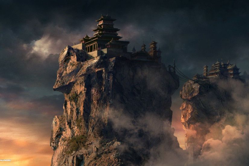 mountains castles fantasy art wallpaper