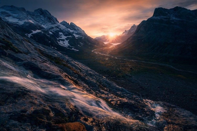 nature, Landscape, Sunrise, Mountain, Valley, River, Snowy Peak, Creeks,  Sky, Sunlight, Greenland Wallpapers HD / Desktop and Mobile Backgrounds