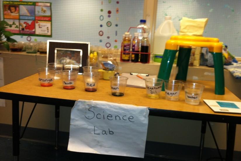 I made a Science Lab at our preschool classroom science table. I put  different ingredients