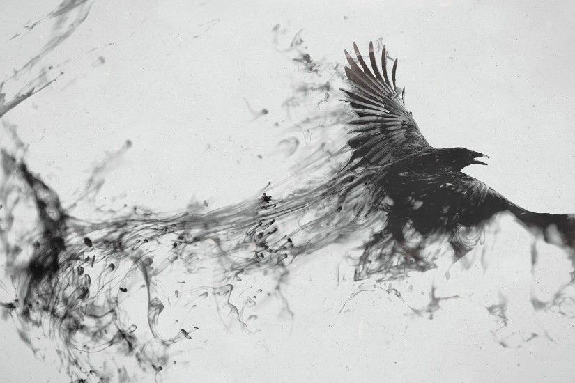 Preview wallpaper raven, bird, flying, smoke, black white 1920x1080