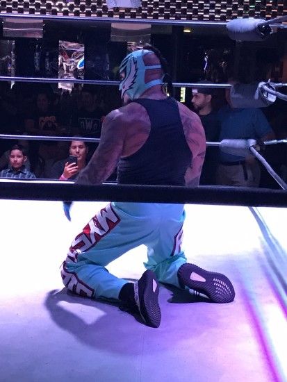 Rey Mysterio wrestling in Yeezy 350 V2s
