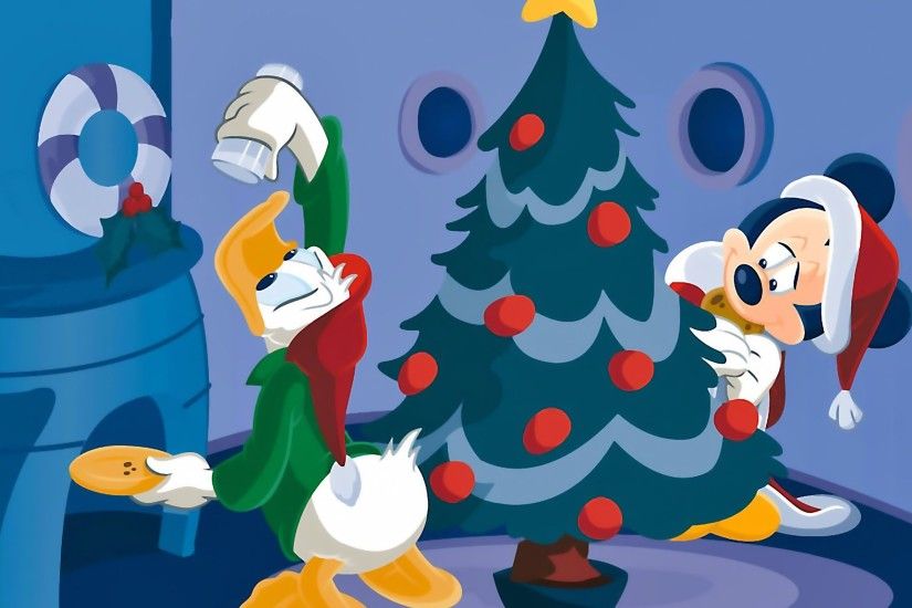 Disney Characters Decorating a Tree Christmas Wallpaper