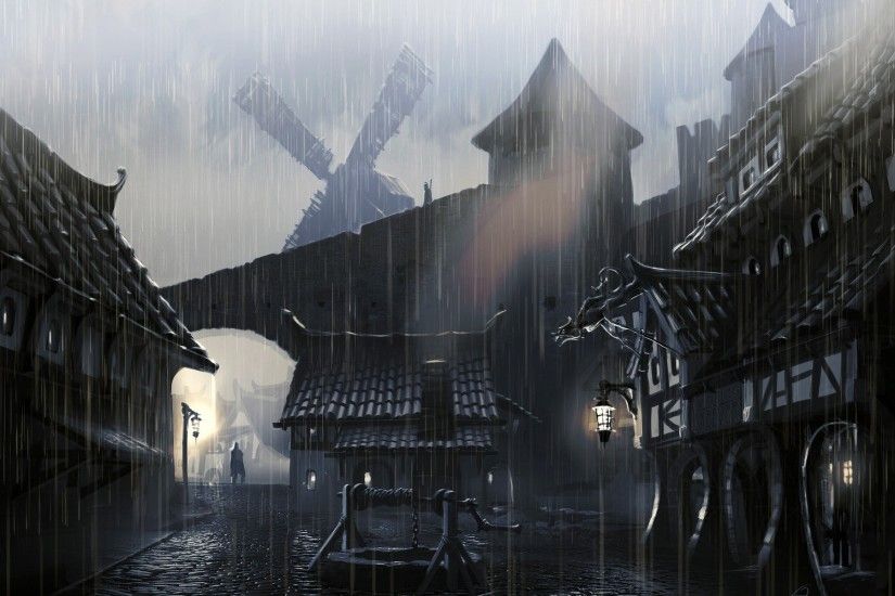 Artwork Cobblestones Houses Lamps Medieval Paintings Rain Solitude The  Elder Scrolls V Skyrim Well Windmills