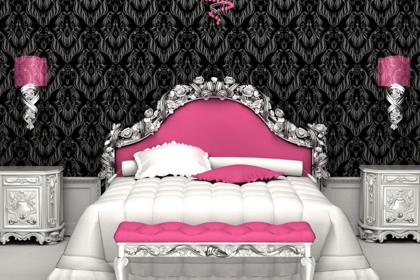 ... Beautiful Black And White Bedroom Wallpaper Art With Pink Headboard And  Luxury Frame Bed Idea ...