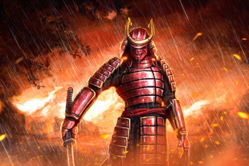 Fantasy - Samurai Fire Sword Katana Armor Mask Rain Wallpaper