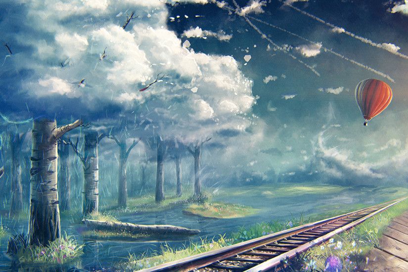 Wallpaper Aerostat Nature Fantasy Sky Railroads Fantastic world Trees  Clouds 1920x1080