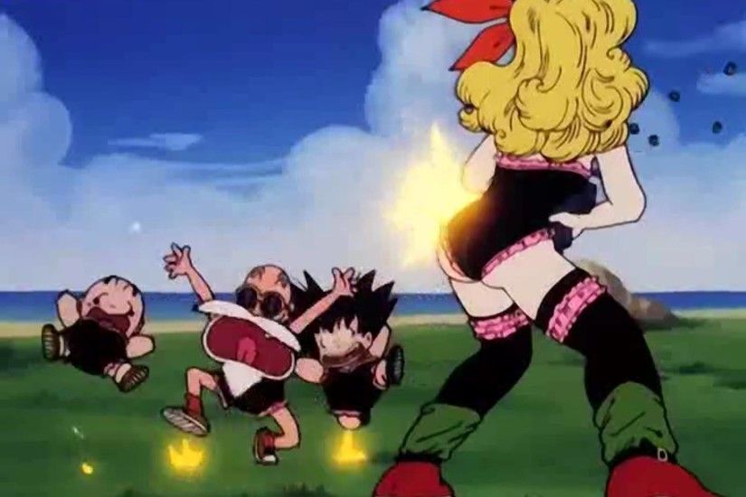Launch in her bad form shooting Roshi, Krillin and Goku for making her wear  a perverted outfit