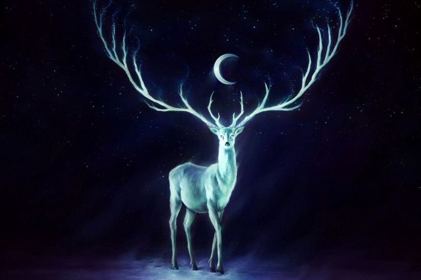 1920x1080 Wallpaper deer, horns, moon, stars