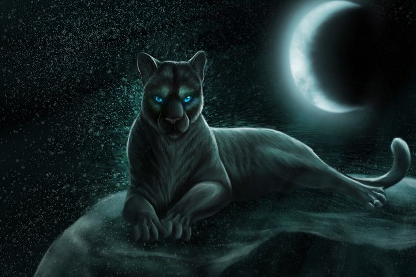 Fantasy - Animal Artistic Digital Art Panther Black Rock Moon Moonlight  Stars Starry Sky Night Wallpaper