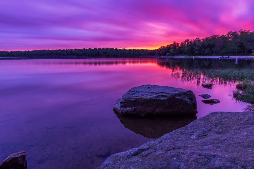 Purple sunset, forest, lake, rocks wallpaper 1920x1200