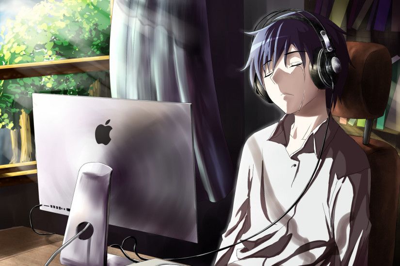 Preview wallpaper guy, anime, computer, tears, sadness, room 1920x1200