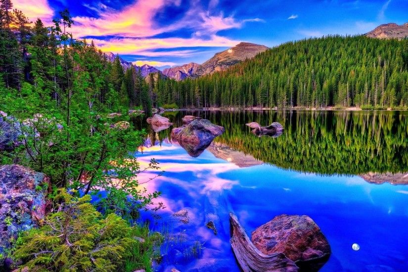 Mountains Blue Beautiful Clouds Reflection Lake Water Scenery Scenic Nature  Sky Trees Rocks Ipad Wallpaper District - 1920x1200