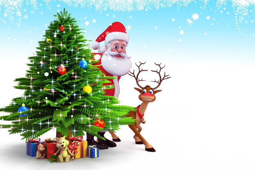 Santa Claus And Reindeer behind christmas tree and gifts Christmas Santa  claus wallpapers