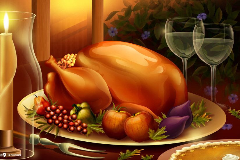 thanksgiving dinner meal large roasted turkey food candles wine pie holiday desktop  wallpaper